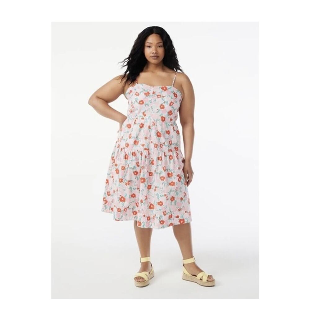 Floral Tiered Midi Sundress - White with Orange Floral